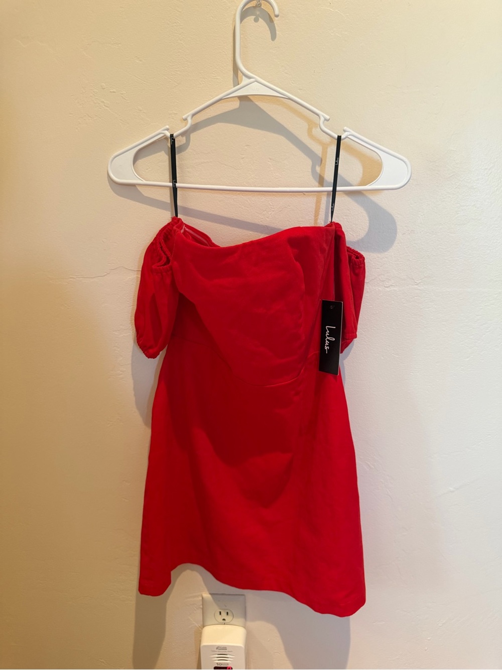 Lulu's Red Off-Shoulder Mini Dress with Puff Sleeves and Straps